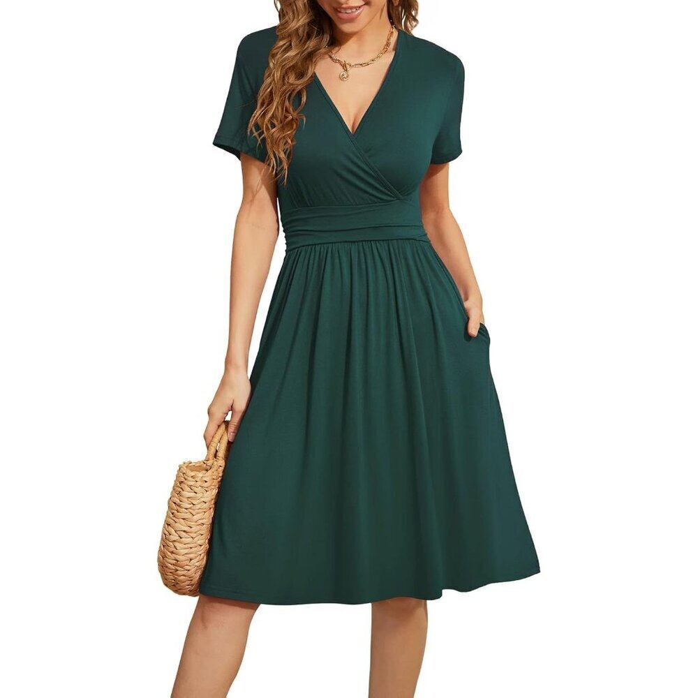 Women Dark Green Short Sleeve V-Neck Floral Stretchy Party Dress with Pockets
